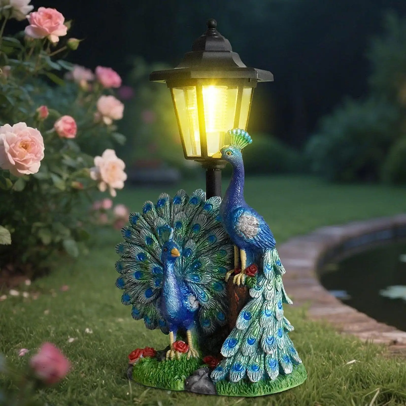 Estatuilla de jardín al aire libre, lámpara de paisaje de luz Solar de pavo real de resina, escultura decorativa para adorno de Patio de Patio grande - imagen 4