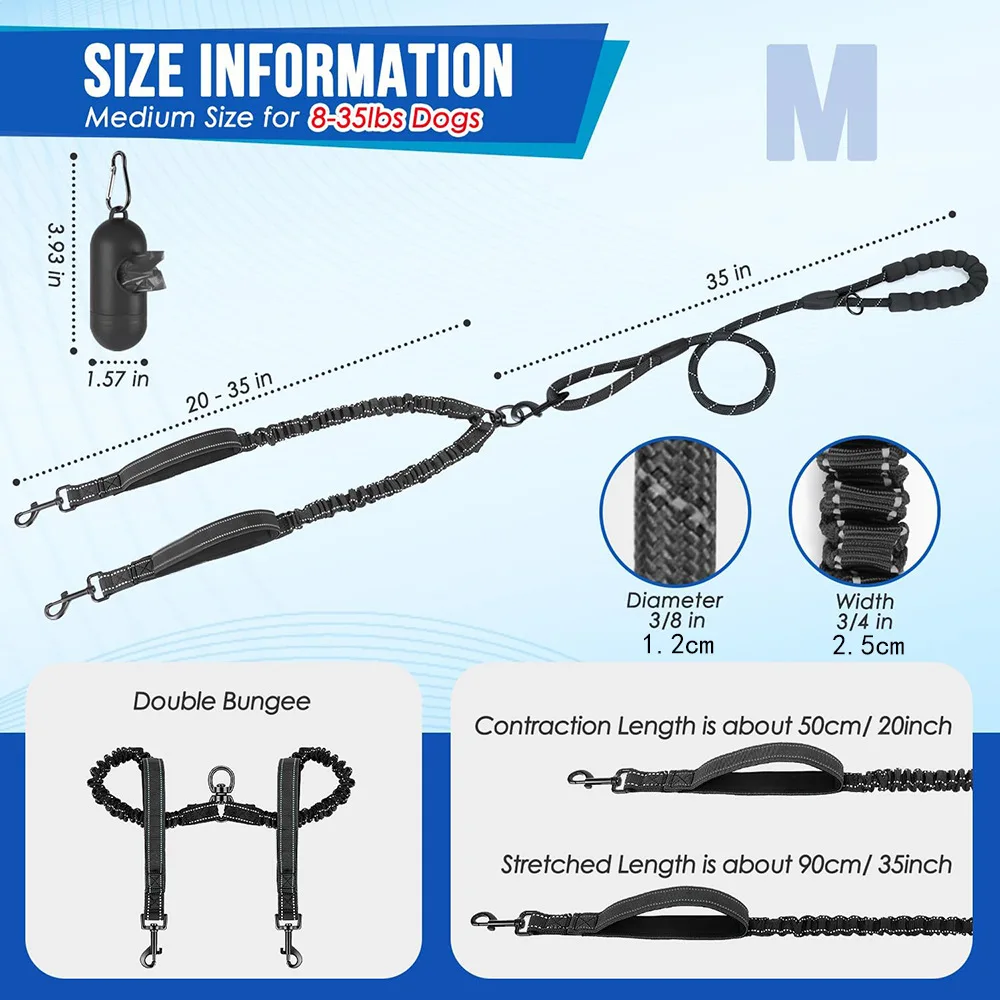 Amortiguador elástico de impacto a prueba de explosiones, correas dobles ajustables de uno a dos para perros, accesorios para caminar para perros pequeños - imagen 2