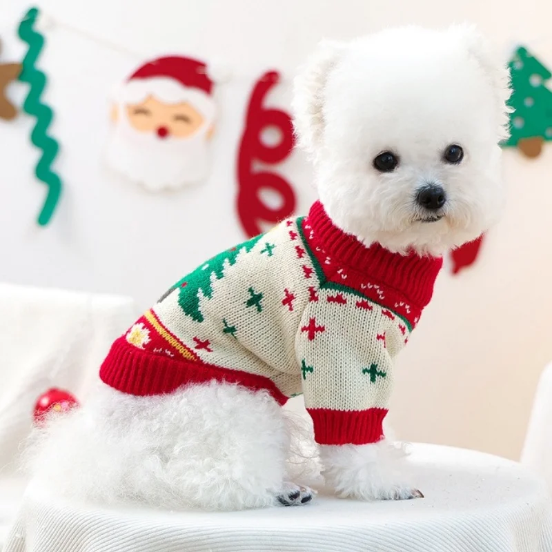 Suéter bonito de lujo para perros, ropa cálida y suave para perros, jerséis de punto para cachorros, suéter de cuello alto con estampado de árbol de Navidad para mascotas - imagen 2