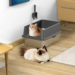 Caja de arena para gatos de acero inoxidable, caja de arena abierta para gatos, valla alta, gran tamaño, antisalpicaduras, caja de arena semicerrada para el hogar