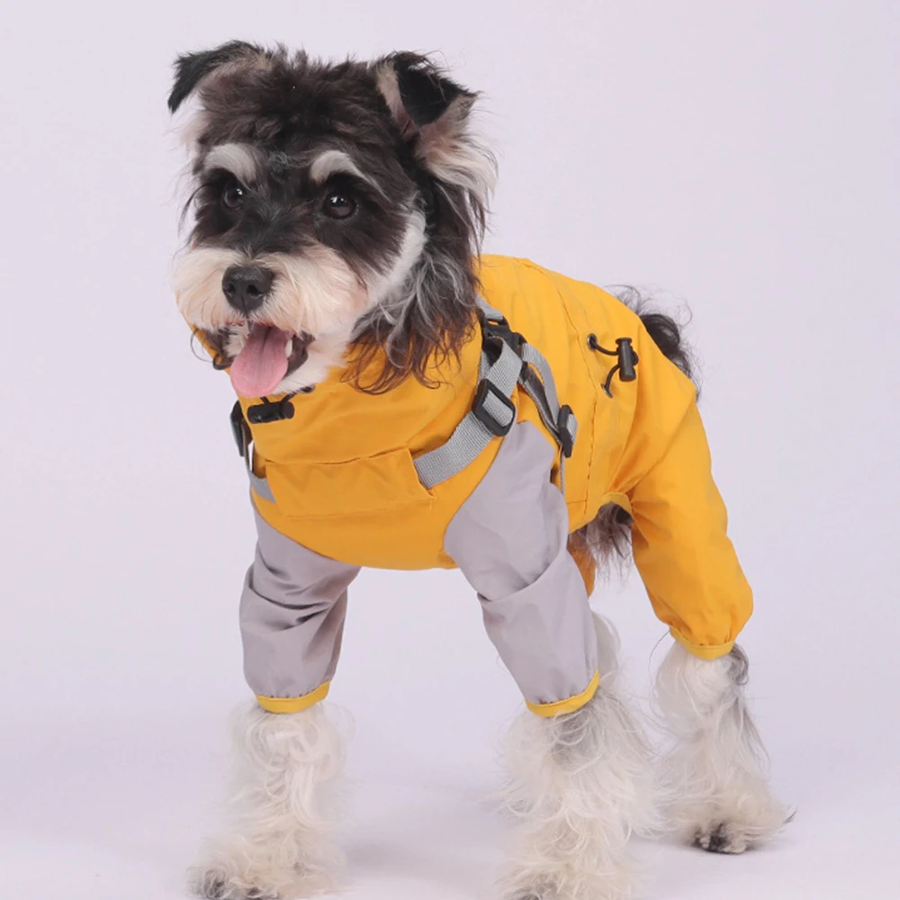 Chubasquero de doble capa para mascotas con arnés, malla interior exterior de PU, resistente al viento, impermeable, chaqueta para exteriores para mascotas de cuatro patas, sombrero desmontable - imagen 4