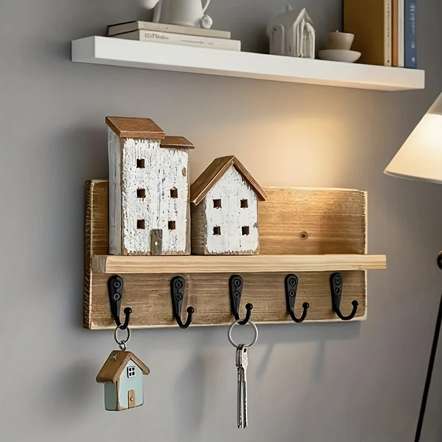 Colgador de llaves de bambú para colgar en la pared, organizador de pared, estante para llaves rectangular, ganchos para abrigos, decoración del hogar, perchero - imagen 4