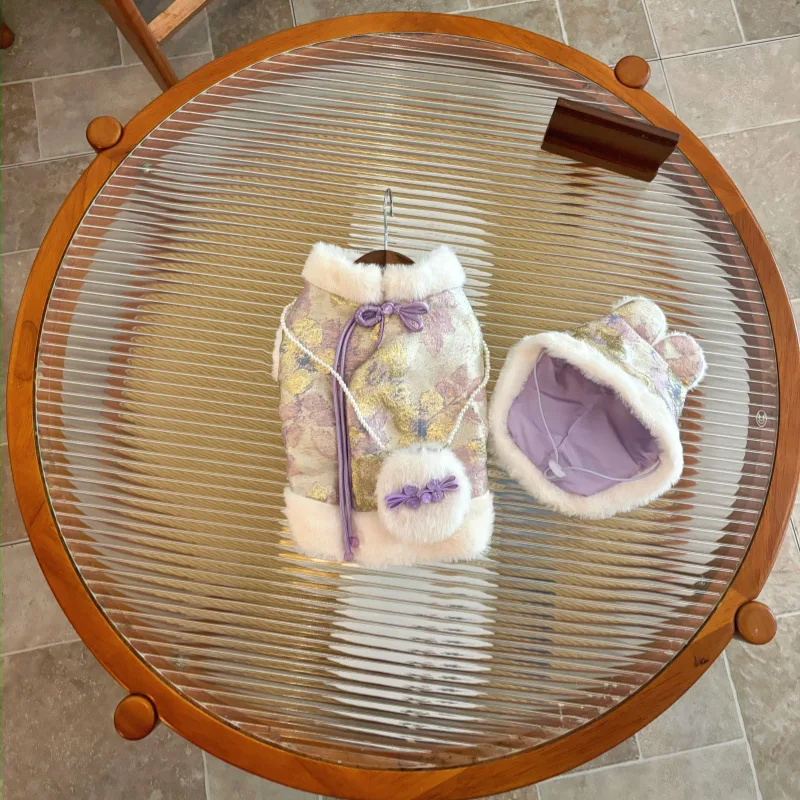 Abrigo bordado con cuello de piel para mascotas, ropa cálida de estilo chino, sombrero de conejo de piel, bolsa de perlas, ropa para mascotas, otoño e invierno - imagen 5