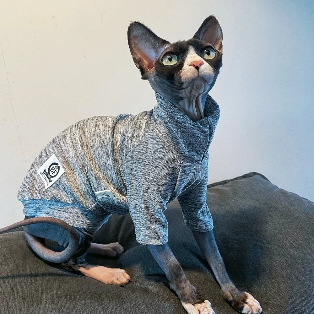 Sphynx Cat Camiseta gris de cuello alto en primavera Manga larga Abrigo suave para gatos sin pelo Ropa de estar por casa respetuosa con la piel para gatitos perros - imagen 2