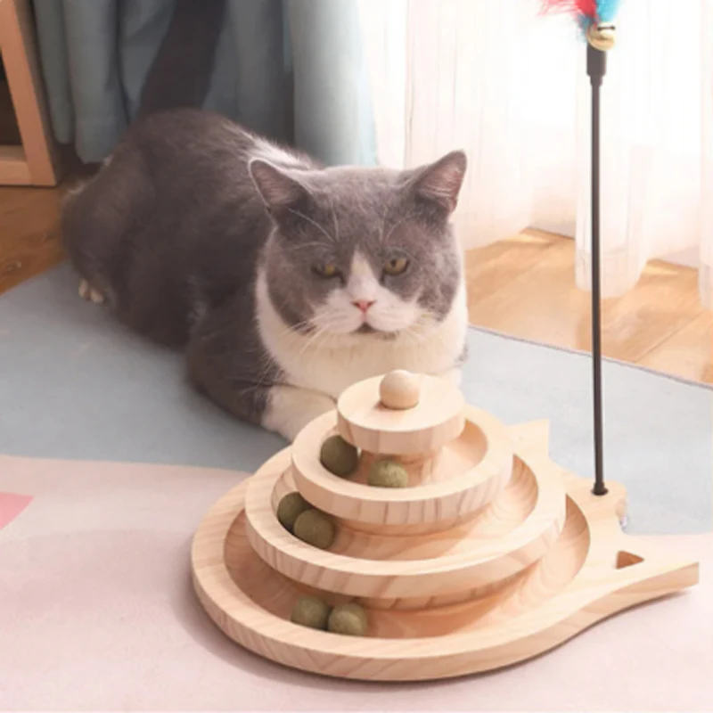 Torre de juguete de madera para Gato de 2/3 niveles, pistas de disco, diversión de inteligencia para gatos, disco de juego Triple, juguetes para gatos, juguetes de entrenamiento de pelota - imagen 4
