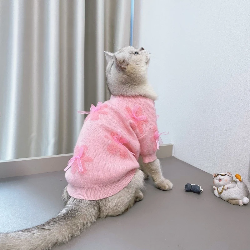 Otoño e Invierno suéter con lazo de oso ropa de punto para perros pequeños y medianos perro Bibi oso Teddy Pomeranian abrigo pequeño rosa - imagen 4