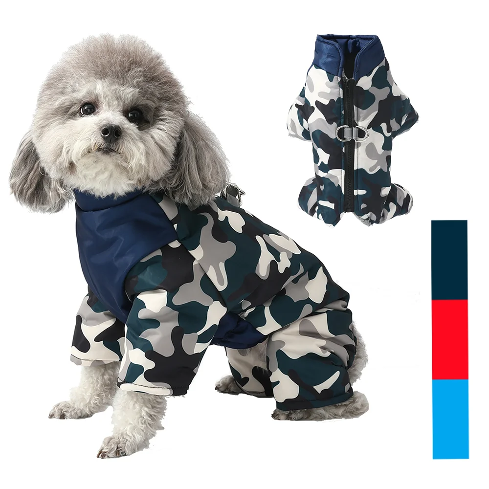 Mono impermeable para mascotas, chaqueta cálida de invierno para perros con anillo en D, abrigo reflectante con estampado de camuflaje para perros pequeños y medianos, Pug
