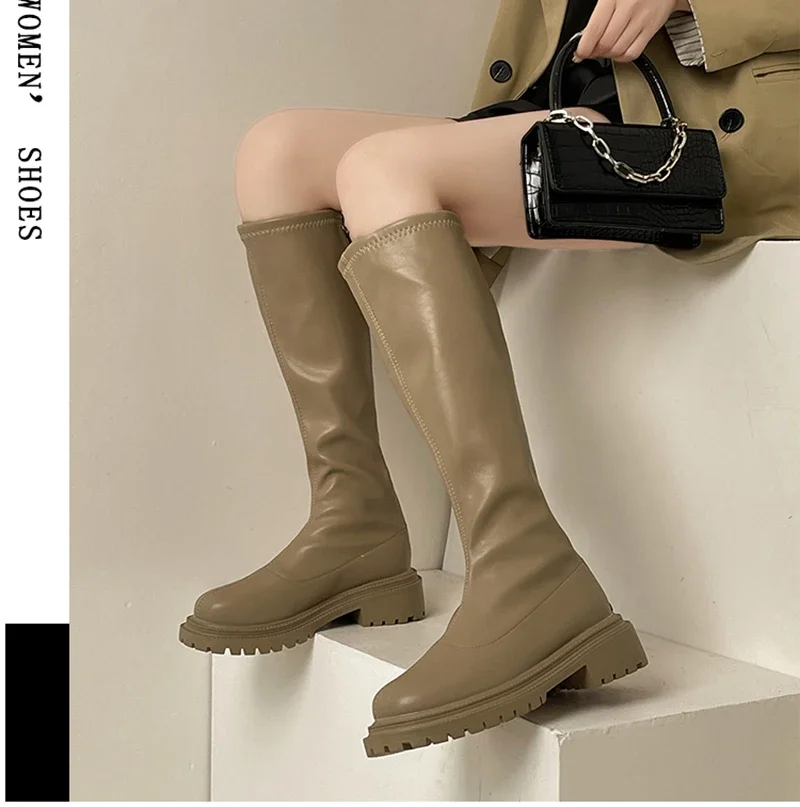 Botas hasta el muslo de cuero suave para mujer, zapatos hasta la rodilla, tacón cuadrado, otoño e invierno, 2023 - imagen 5
