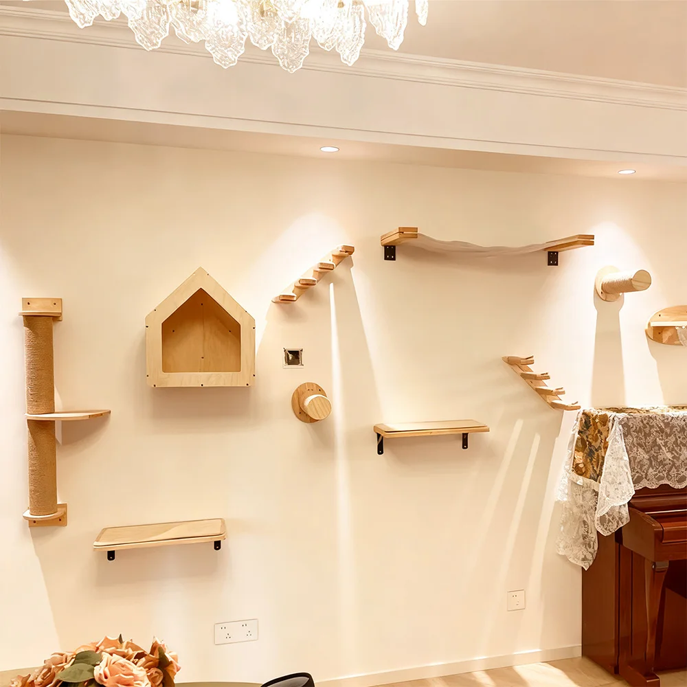 Sistema de escalada para gatos montado en la pared con estantes de madera, escaleras y perchas, muebles de pared para gatos para escalar, descansar y jugar - imagen 4