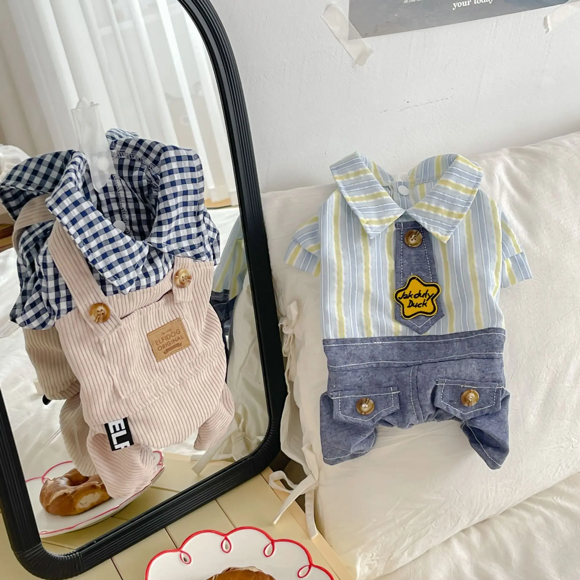 Camisa de primavera y verano para mascotas con rayas a cuadros de cuatro patas, mono para mascotas transpirable para el hogar, ropa para cachorros al aire libre - imagen 3