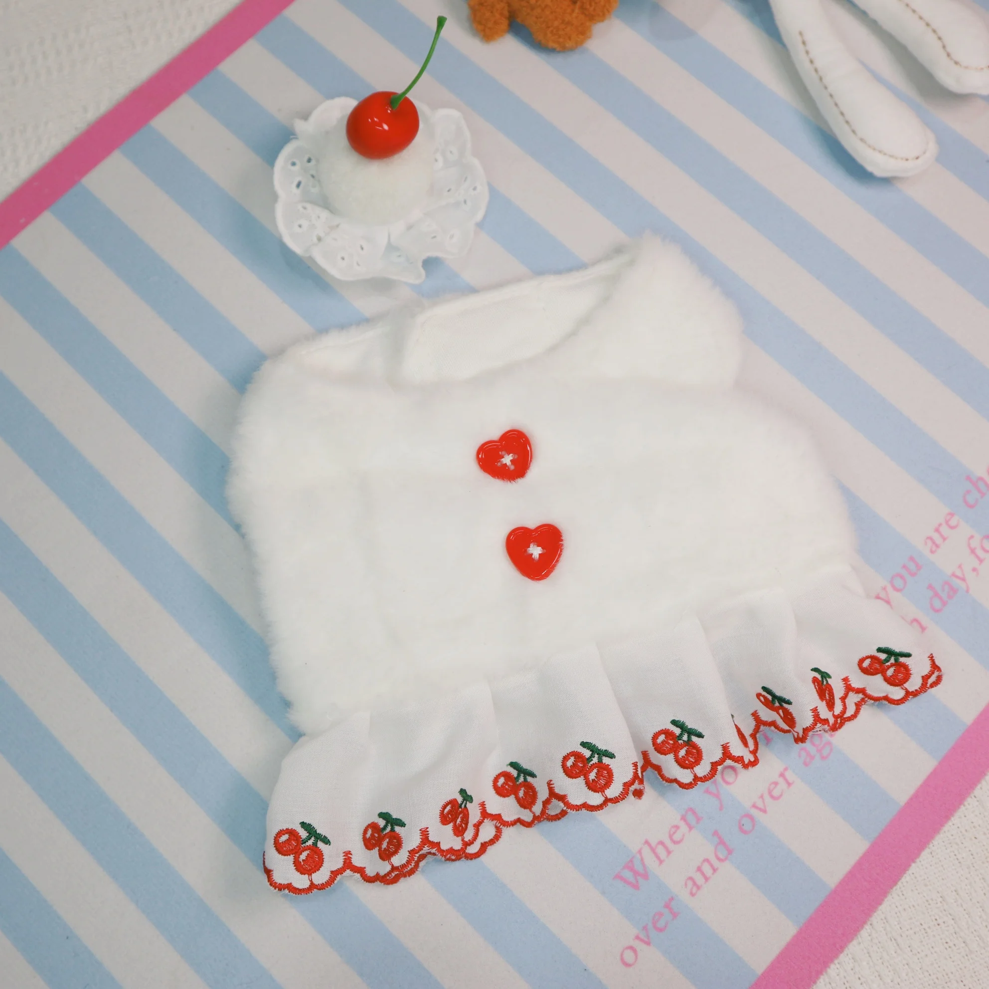 Pet Autumn and Winter Plush Vest Cute Cherry Cake Headpiece Lace Vest Teddy Jacket Puppy Clothes Dog Clothes for Small Dogs - imagen 3