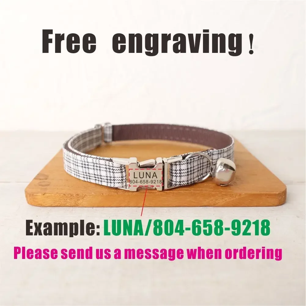 Collar de gato personalizado, contactos de nombre de identificación personalizados, hebilla de metal, collares de gato a cuadros blancos y marrones ajustables con campana - imagen 4