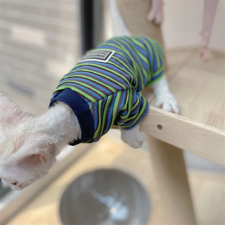 Sphynx CAT Summer Fashion Garment Green STRIPE Cotton Pyjama gatito soft polo camiseta gato macho Devon Rex abrigo - imagen 4