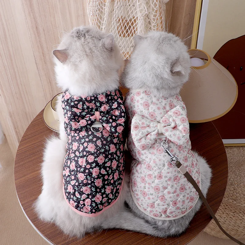 Ropa de invierno para perros pequeños, abrigo de lujo Floral para cachorros, chaleco cálido con lazo, chaqueta para mascotas, disfraces para Chihuahua Yorkie Dachshund, ropa para perros - imagen 2