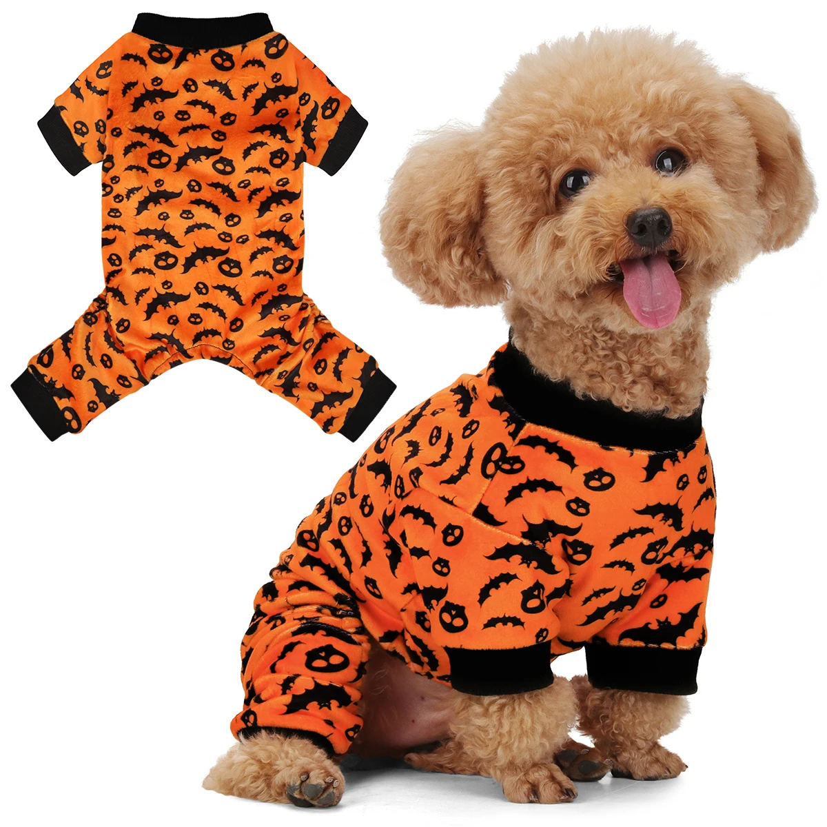 Disfraz de pijama para perro de Halloween: traje de cuatro patas con estampado de murciélago y calaveras, perfecto para perros pequeños, medianos y grandes