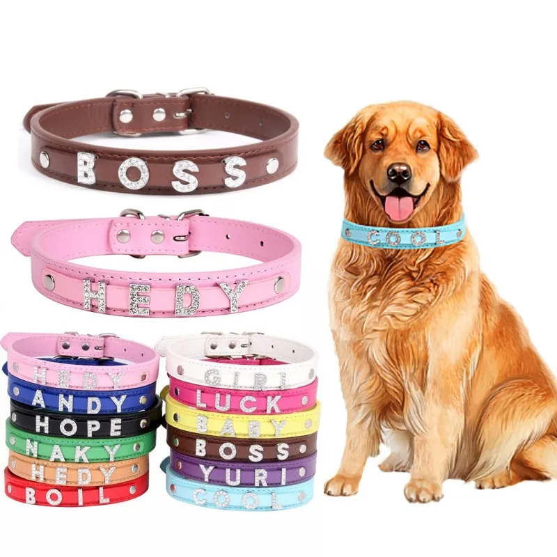 Collares con nombre personalizado, etiqueta para perro, accesorios para perros, cuero con diamantes de imitación ostentosos, Collar para mascotas con nombre DIY para gatos pequeños, perros, galgo español