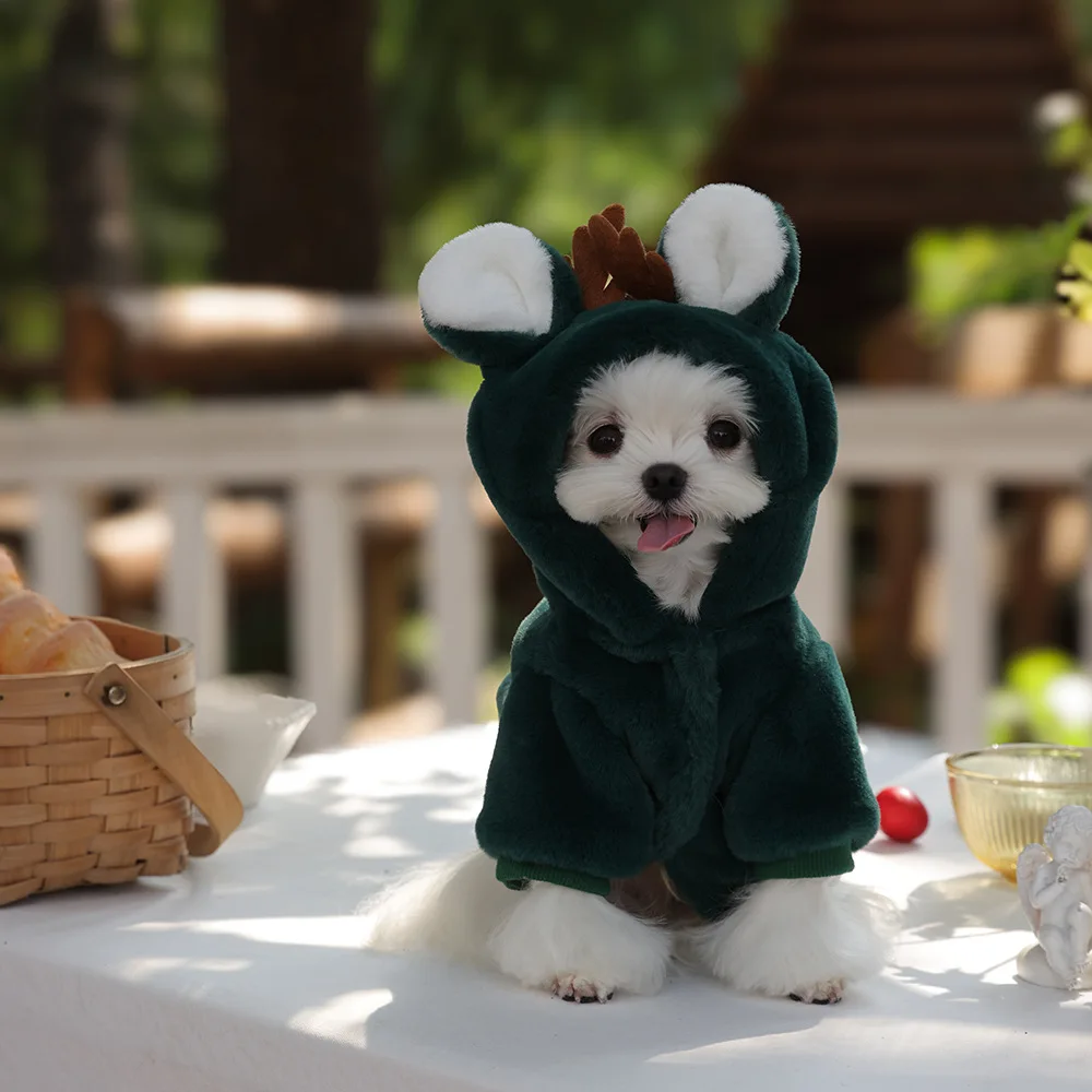 Abrigo de lana de Reno de Navidad para mascotas, chaqueta cálida de piel sintética de felpa para invierno, abrigo de invierno con capucha verde para mascotas, traje para perros, ropa de invierno - imagen 2