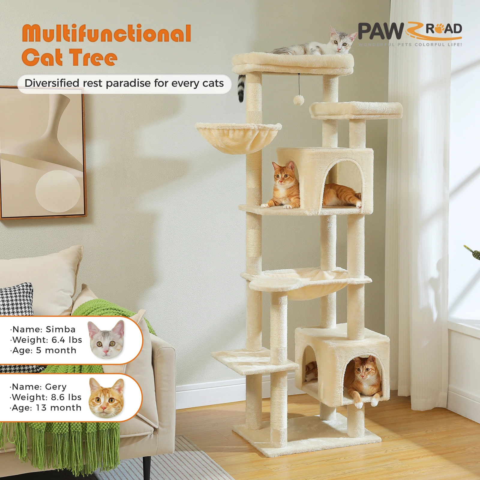 Árbol para gatos grande con hamaca gigante y postes rascaúñas - imagen 5