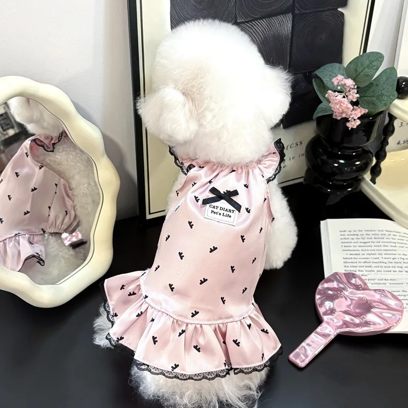 Bonitos vestidos de verano con lazo para mascotas, pijama suave de encaje para perros, mono, ropa de casa de seda, pijamas para perros pequeños, gatos, ropa para mascotas