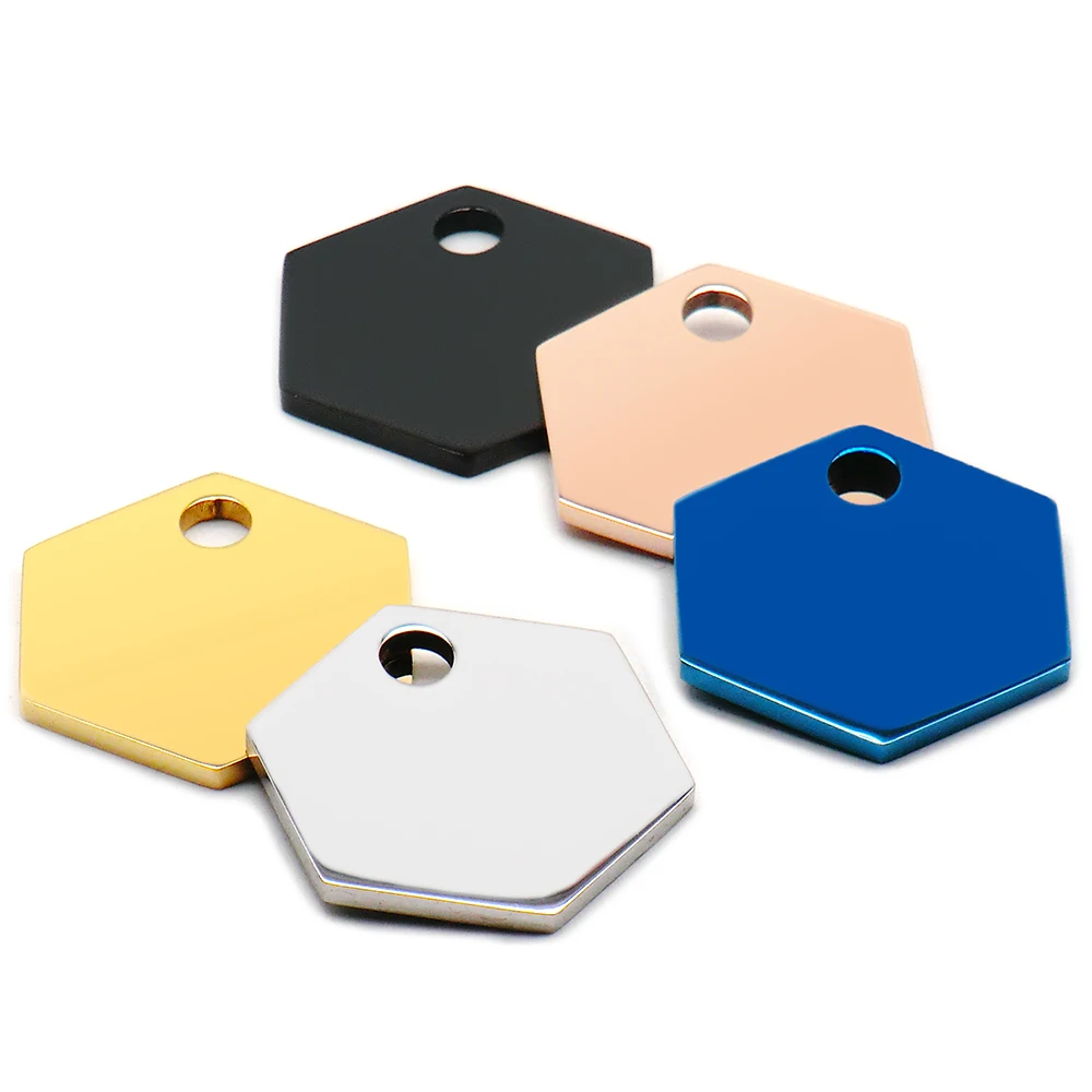 Venta al por mayor, 100 Uds., etiquetas de identificación para mascotas, colgante hexagonal de acero inoxidable, etiqueta para perro, agujero, placa de identificación personalizada, nombre de regalo, logotipo de teléfono para persona - imagen 2