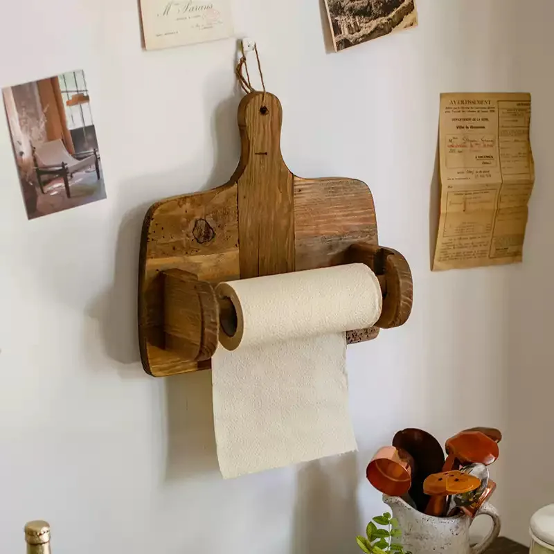 Soporte para papel de cocina de madera montado en la pared, organizador colgante en rollo debajo del gabinete, soporte para papel de cocina, estante dispensador de toallas de cocina - imagen 2