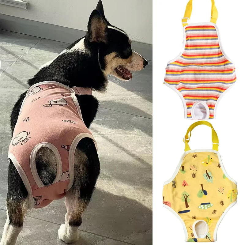 Ropa para perros pequeños, pantalones cortos suaves 100% de algodón para mascotas con correa, ropa interior ajustable para perros, traje para uso doméstico, pañales para perros