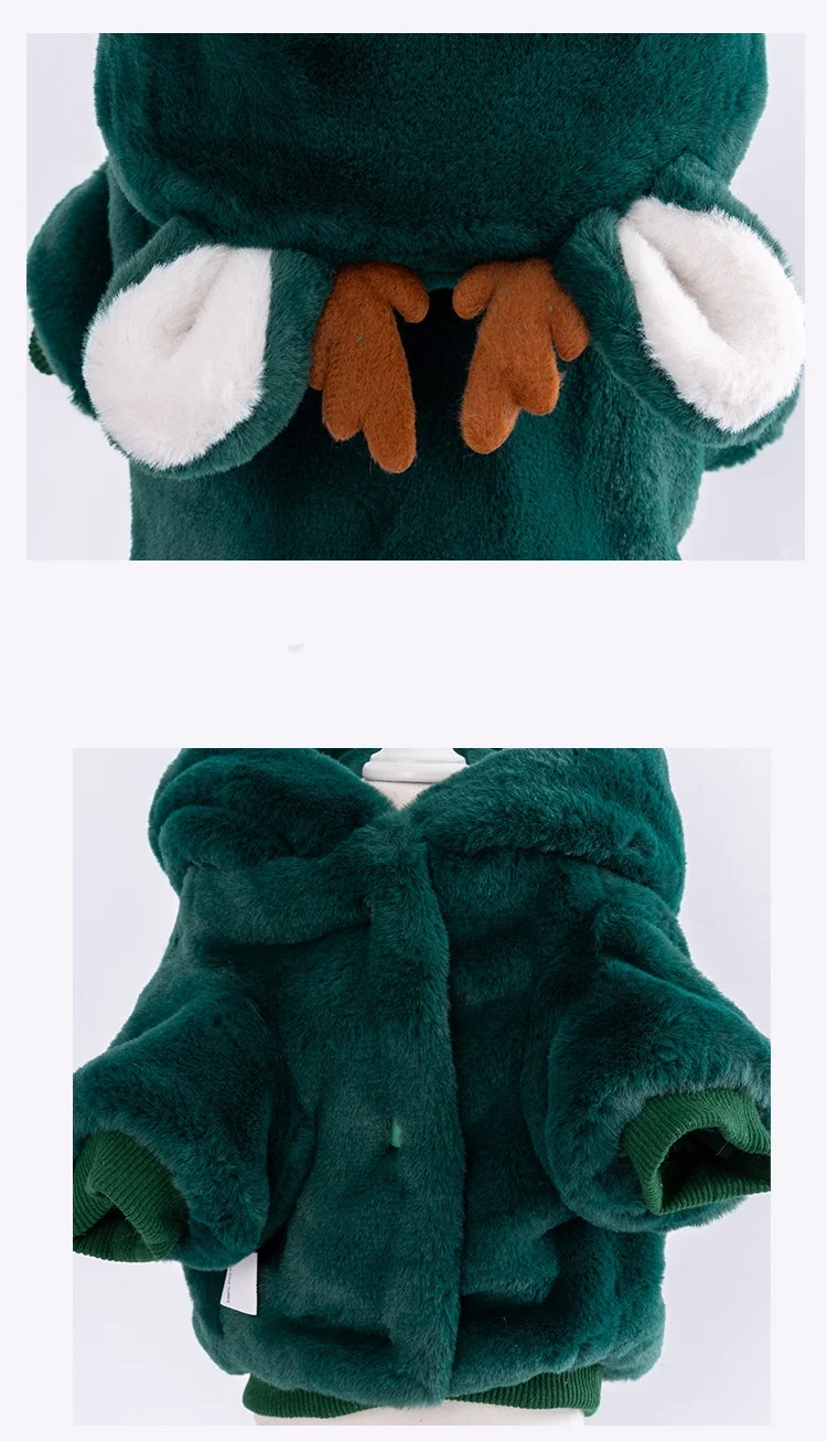 Abrigo de lana de Reno de Navidad para mascotas, chaqueta cálida de piel sintética de felpa para invierno, abrigo de invierno con capucha verde para mascotas, traje para perros, ropa de invierno - imagen 4
