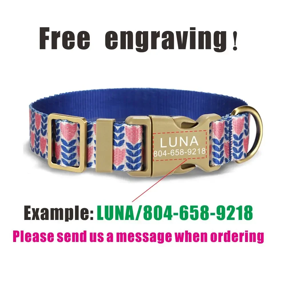 Collar de perro personalizado, correas a juego, nombre de identificación personalizado, hebilla de contactos, collares ajustables para perros de tulipán azul - imagen 4