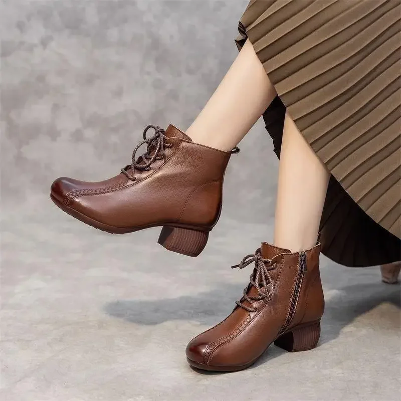 Botas cortas Retro para mujer, zapatos de mamá con forro polar y tacón medio de fondo suave para primavera y otoño, botines de goma hasta el tobillo