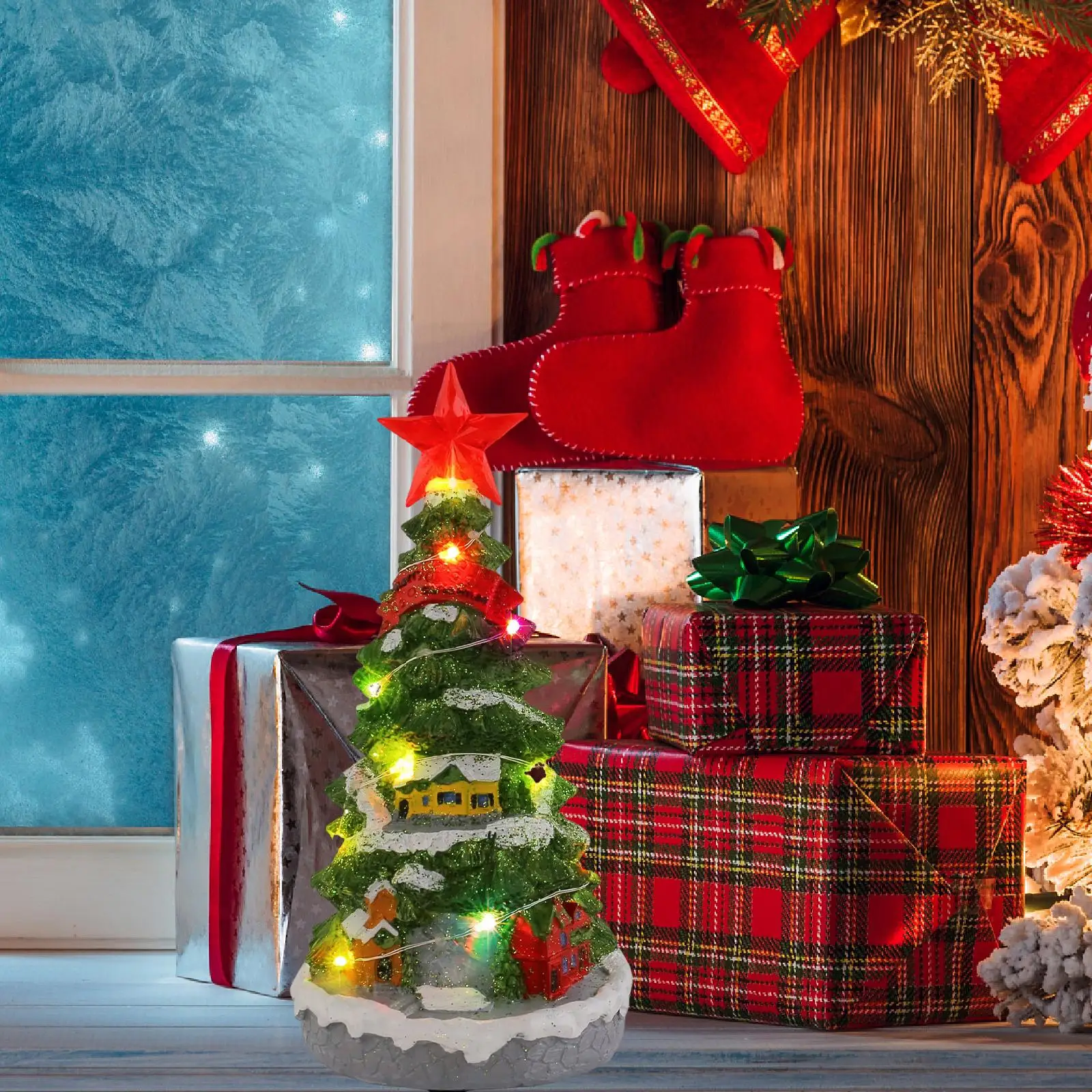 Light up Musical Mini Christmas Tree Figurine,Music Box Toy Star Topper for Holiday