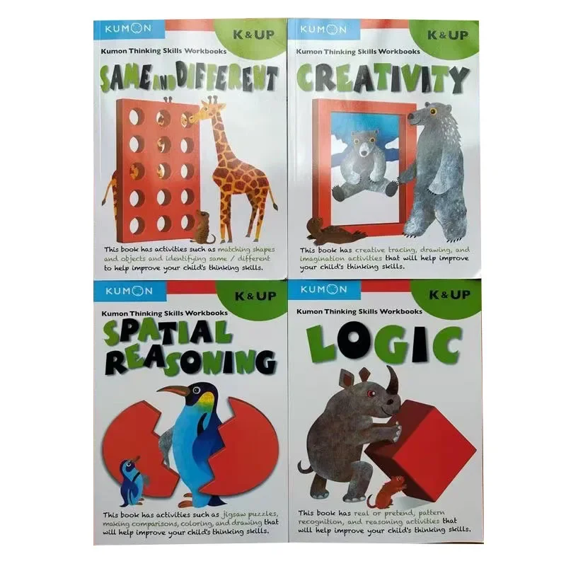 Libros de trabajo de habilidades de pensamiento Kumon para niños, 4 libros, ejercicios K & UP en inglés, educación preescolar, lógica, creatividad misma y diferente - imagen 2