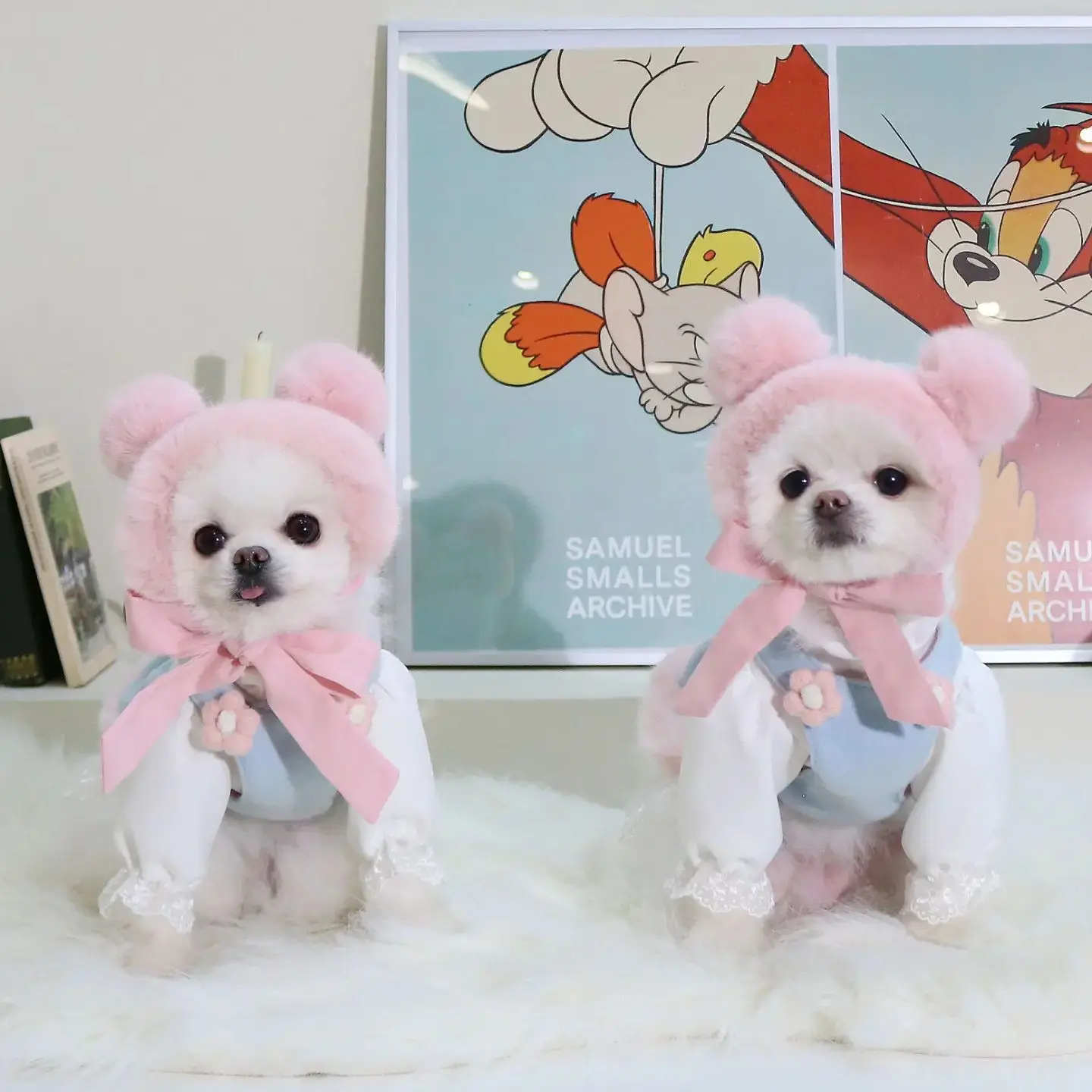 Instagram-vestido de invierno para perro, falda de lana azul y rosa, dobladillo de piel de conejo, orejas de oso, cuello Halter, sombrero de perro, pinzas para el pelo - imagen 4