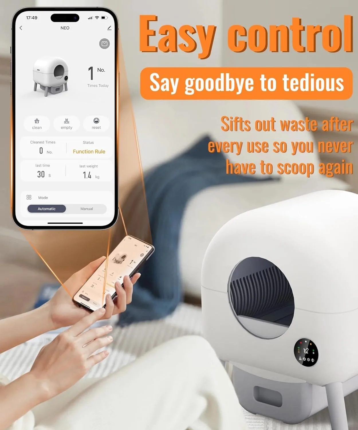 Caja de arena autolimpiante, caja de arena automática 76L + 13L, robot de caja de arena extra grande con control de aplicación monitoreo de peso - imagen 3