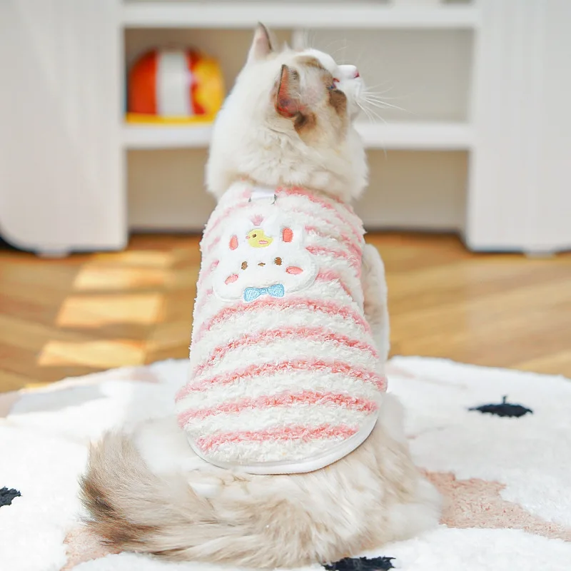Ropa de lana para perros Otoño Invierno abrigo a rayas para perros lindo estampado de conejo chaleco cálido para perros gatos Bichon Yorkie taza de té jerseys para perros - imagen 2