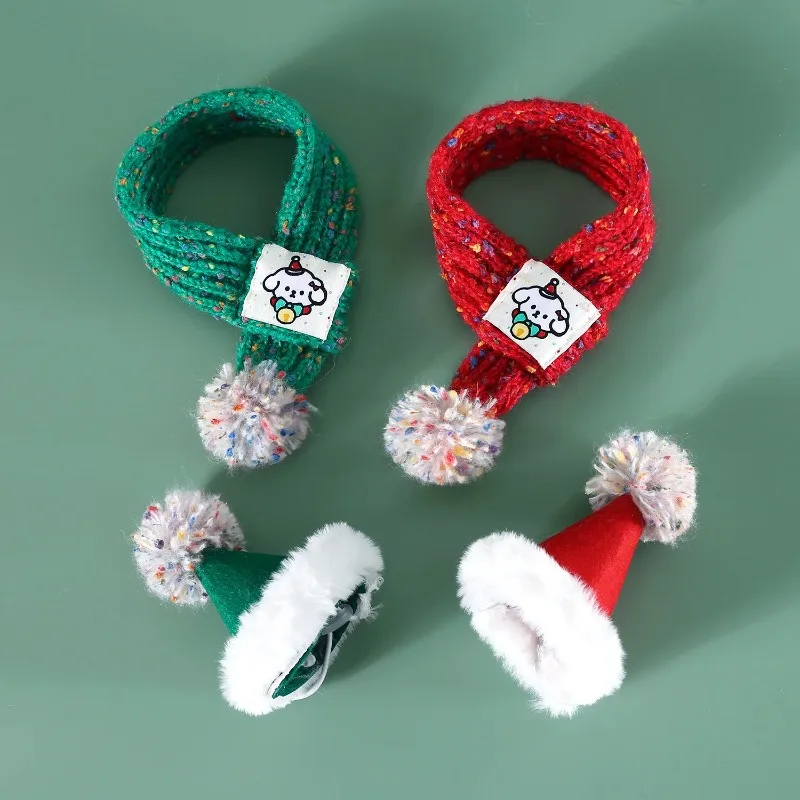 Gorro de Navidad bonito para perro mascota, bufanda de lana tejida con dibujos de bolas de pelo, fieltro para el cuello, decoración navideña cálida para año, accesorios para cachorros - imagen 2