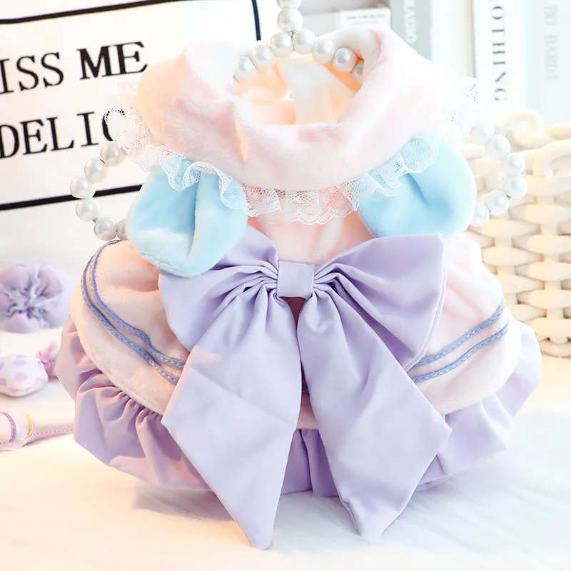 Autumn Winter Thick Pet Dress For Small Dogs Cats Princess Style With Cute Bowknot, Warm Soft Girlish Outfit For Small Dog