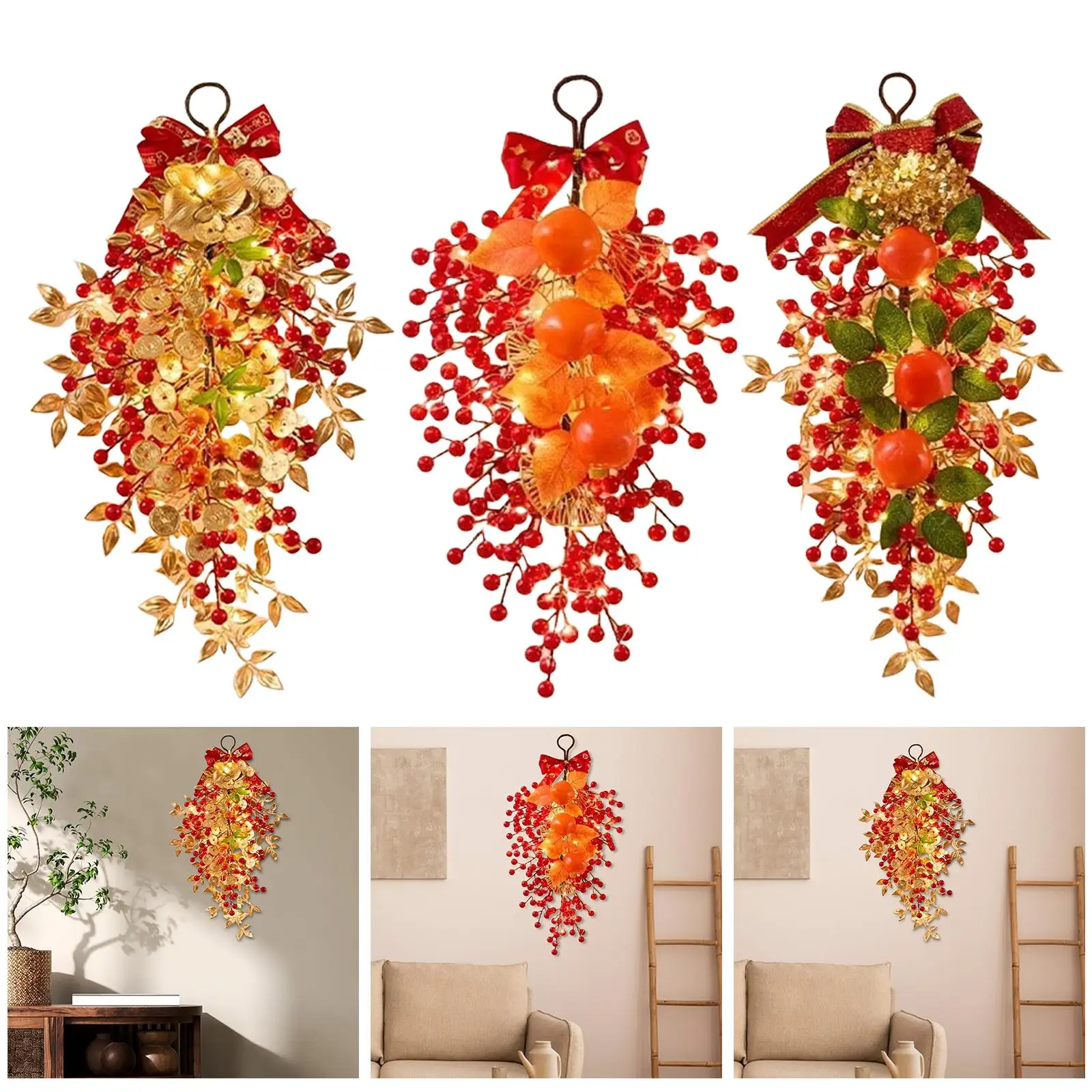 Corona de Año Nuevo Chino, decoración de puerta Artificial de PVC con luces LED, guirnalda de Festival de Primavera para entrada de fiesta en casa - imagen 3