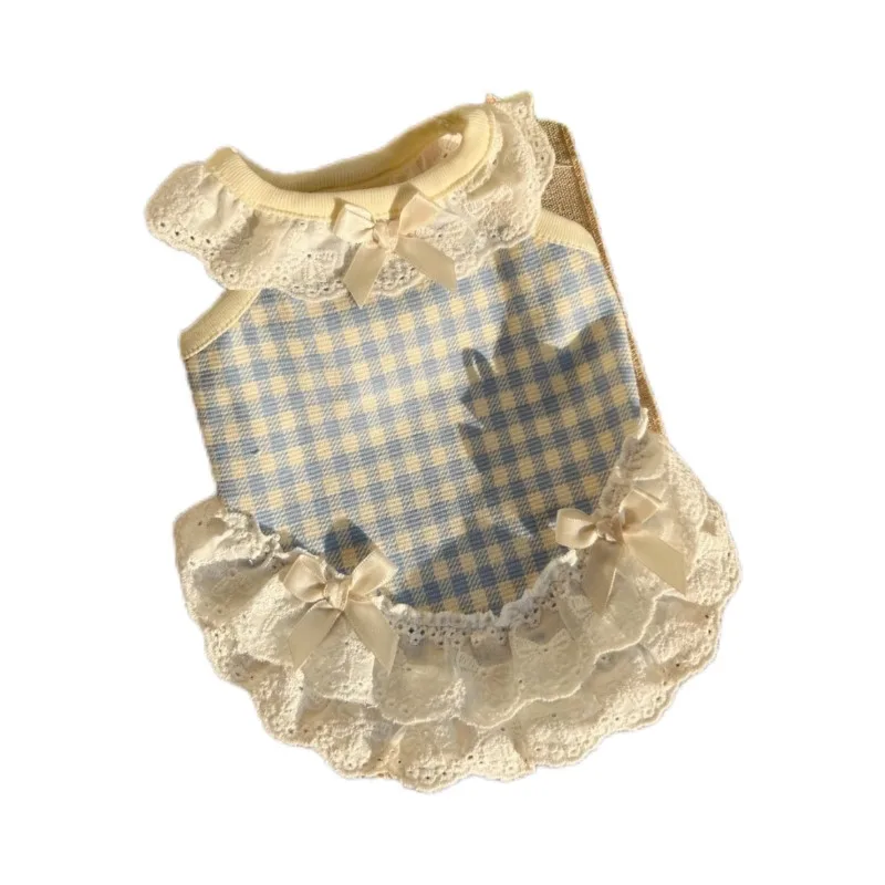 Lindo vestido de princesa para mascotas, retales de encaje, cómodo cuello cuadrado, mangas con volantes, estampado a cuadros, falda para perro cachorro, cuello con lazo para mascota - imagen 3