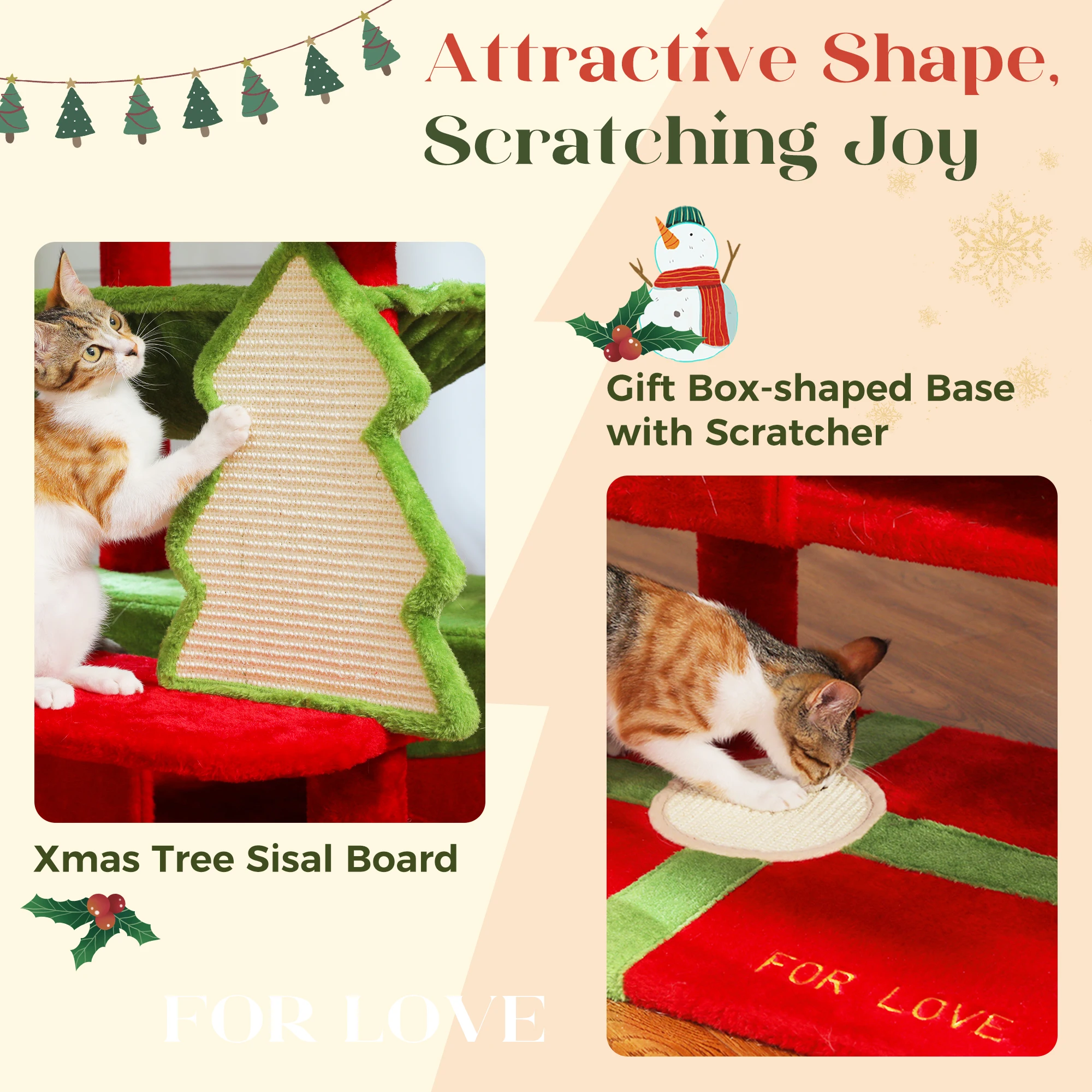 Torre de árbol de Navidad para gatos de 184cm con 2 perchas acolchadas, poste para rascar cubierto de Sal, casa doble y cesta para gatos grandes de interior - imagen 4