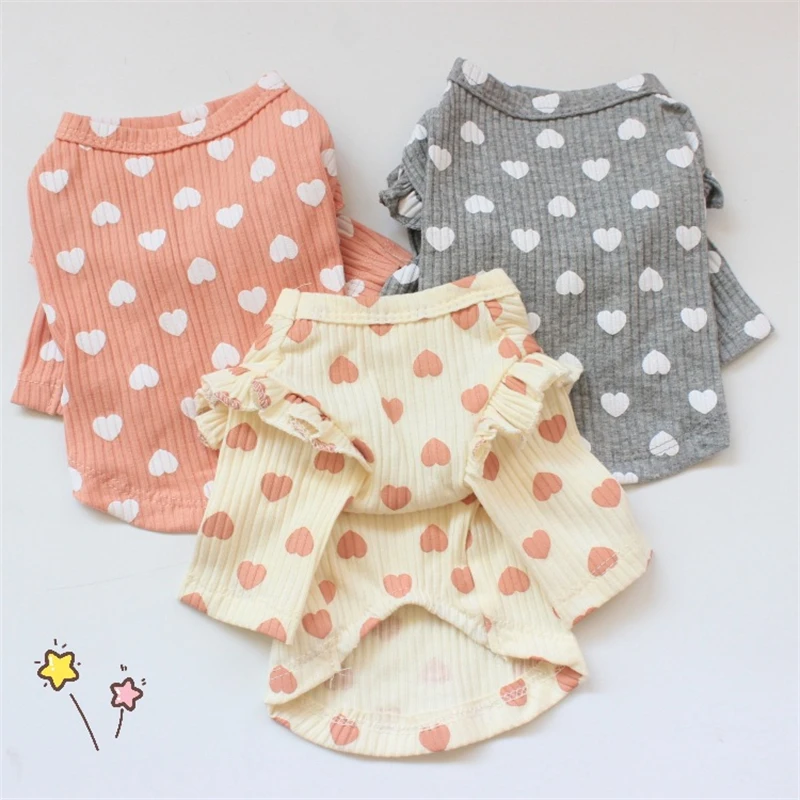 Ropa de primavera con estampado de corazón para cachorros, ropa de algodón suave para mascotas, ropa para perros pequeños, York, Chihuahua, camiseta de manga corta para gatos