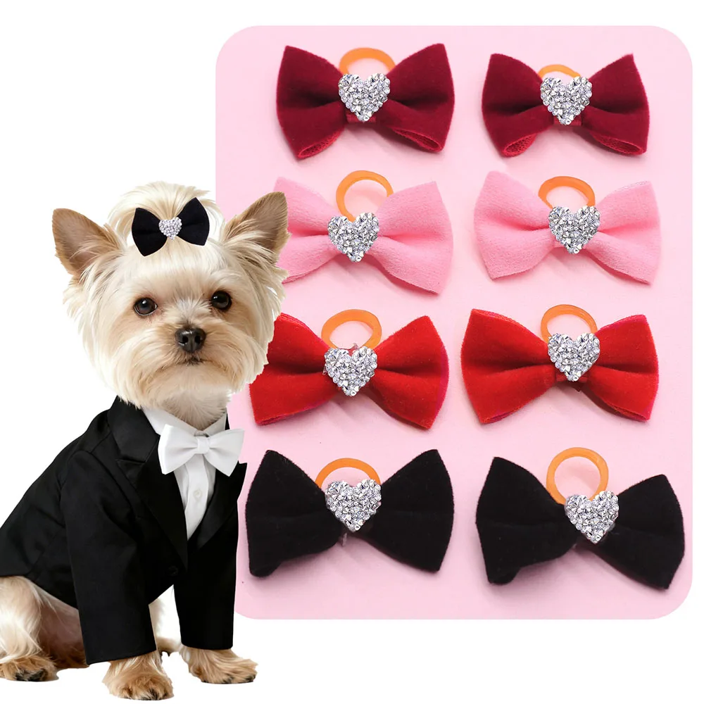 100 Uds. Por pares de lazos para perros brillantes estilo romántico lazos para el pelo para perros pequeños bandas de goma accesorios para el cabello para mascotas para perros aseo