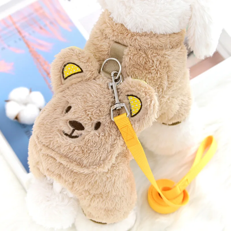 Ropa de lana suave para perros, mono para perros de otoño e invierno, bonito abrigo para cachorros con bolsillo de oso, ropa para perros de cuatro patas, pijamas para mascotas Chihuahua - imagen 3