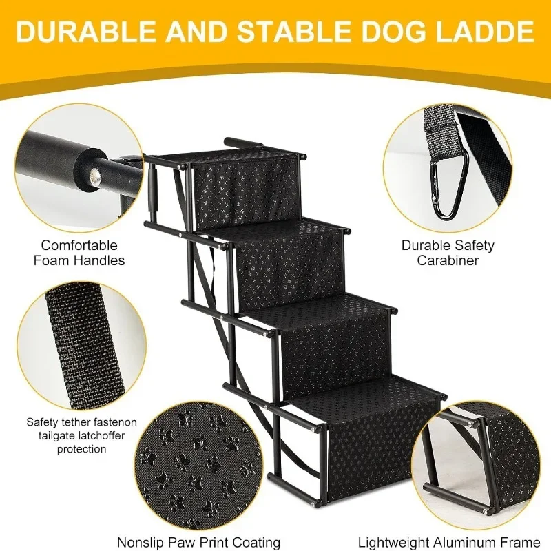 Rampas plegables portátiles para perros, 4 escalones, coche, SUV, camión, antideslizantes, duraderas, Metal fundido a presión, rampa para mascotas, escalera con correa - imagen 3