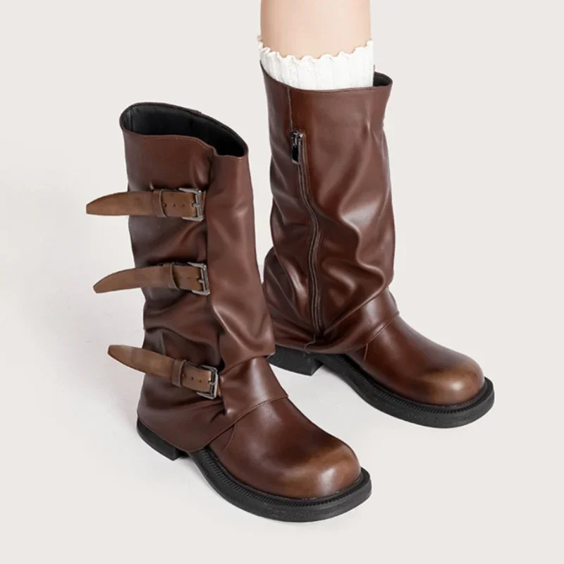 Botas medias de plataforma gruesa Retro con punta redonda para mujer, botas de caballero con hebilla Punk de diseñador de marca, Otoño Invierno, chicas de calle alta
