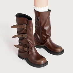Botas medias de plataforma gruesa Retro con punta redonda para mujer, botas de caballero con hebilla Punk de diseñador de marca, Otoño Invierno, chicas de calle alta
