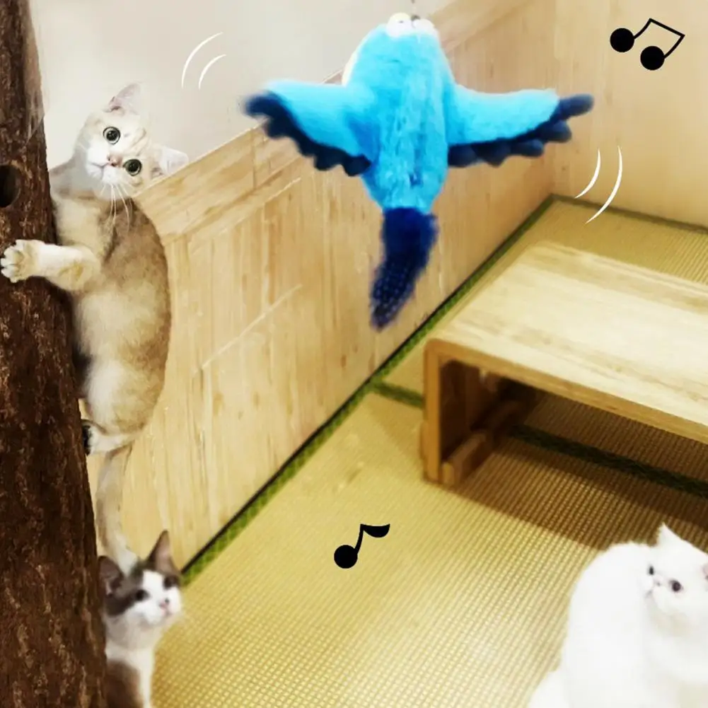 Juguete de pájaro batiente para gatos, gorrión batiente recargable con sonidos chirriantes, hierba gatera, pájaro de peluche interactivo, juguete para gatos