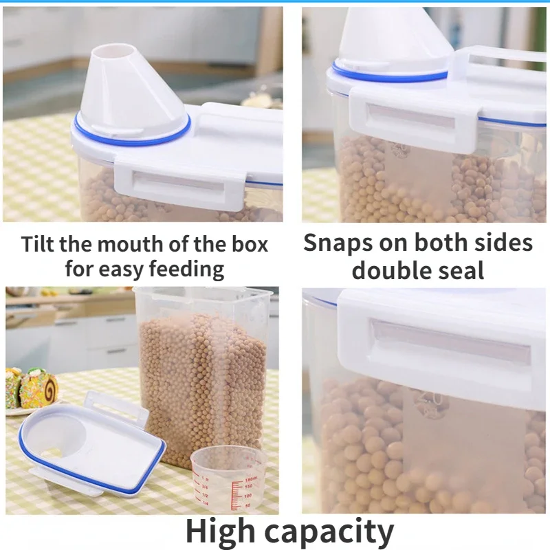 Cubo de comida para perros y gatos, recipiente de plástico con taza medidora, tarro sellado a prueba de humedad, accesorios para mascotas, caja de almacenamiento de cocina - imagen 3