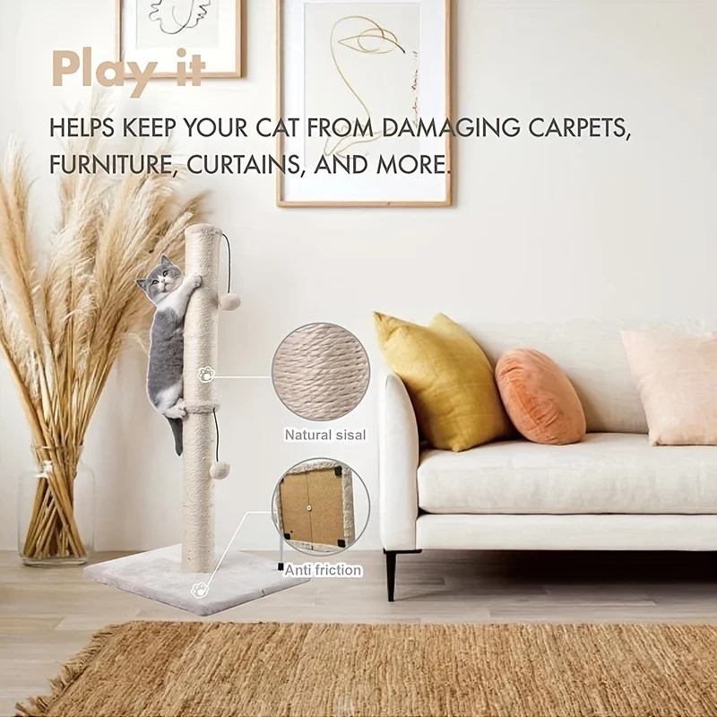 Poste rascador para gatos de 34 pulgadas de alto, rascador básico Premium para gatos, poste rascador de Sisal para interiores, correa para árbol, bola colgante para gatos adultos - imagen 5