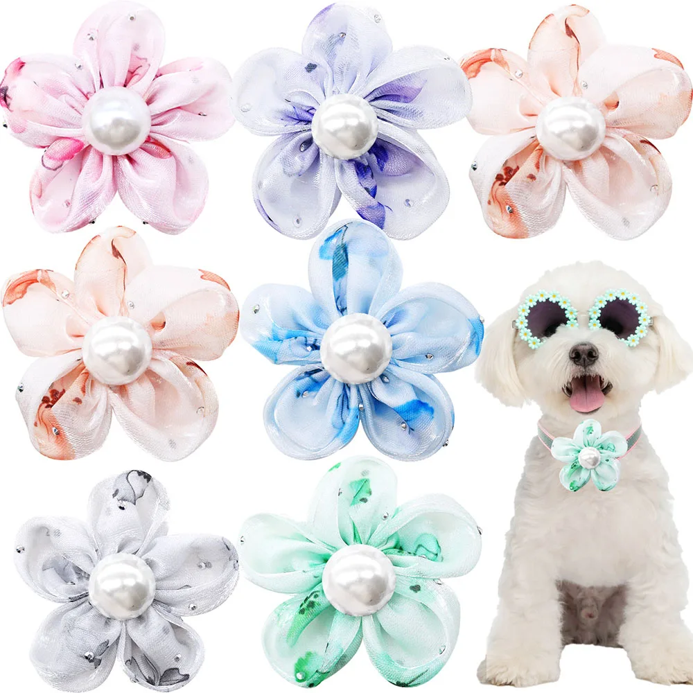 50 Uds. Pajaritas de encaje con perlas para perro, pajaritas de primavera extraíbles para perro pequeño y gato, accesorios para Collar, productos de aseo para perros a la moda