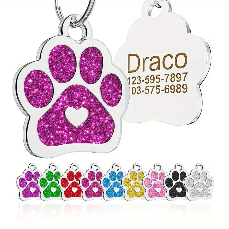 Etiqueta de identificación de perro personalizada con purpurina personalizada, etiqueta de nombre con forma de corazón y pata, accesorios para decoración de Collar, 1 ud.